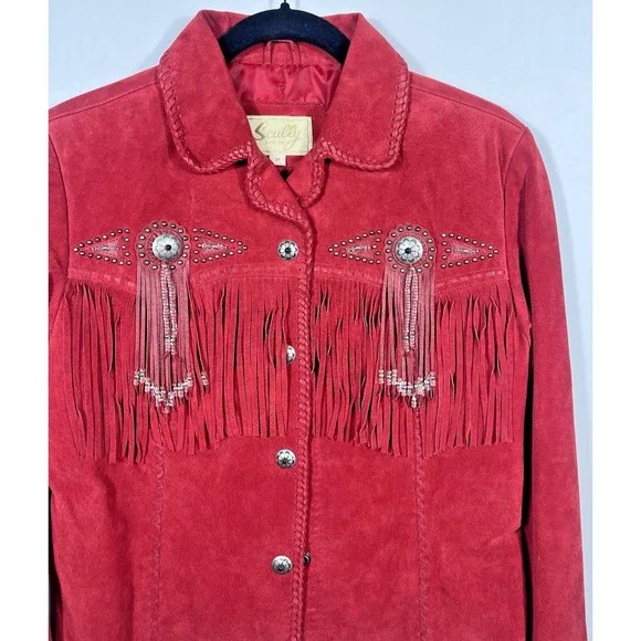 Scully Red Suede Leather Jacket Fringe Concho Beaded Medium Womens Western Wear - Picture 7 of 16